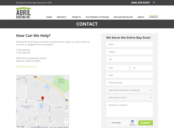 Abril Roofing Contact page