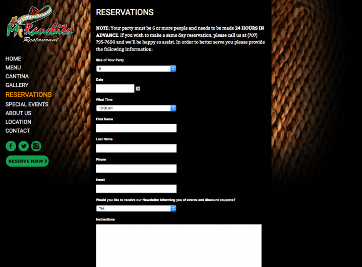Mi Ranchito Restaurant Reservation page