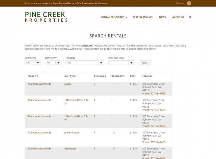 Pine Creek Rentals Search page