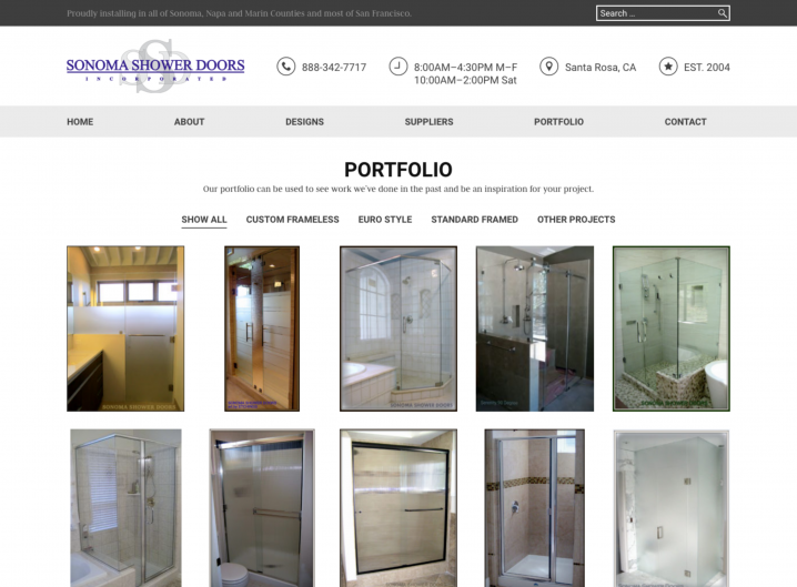 Sonoma Shower Doors Portfolio page