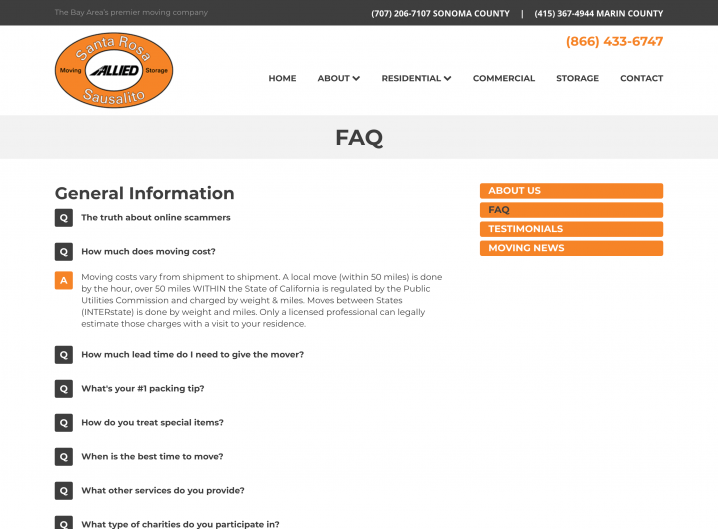 Santa Rosa Moving FAQ page