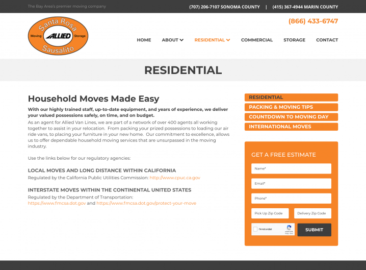 Santa Rosa Moving Residential Moving page